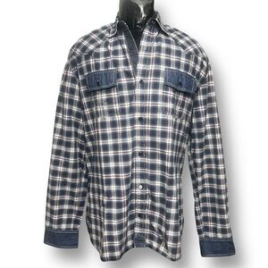 Buffalo David Bitton XL Blue Plaid Button Up Shirt Denim Trim Grunge Western